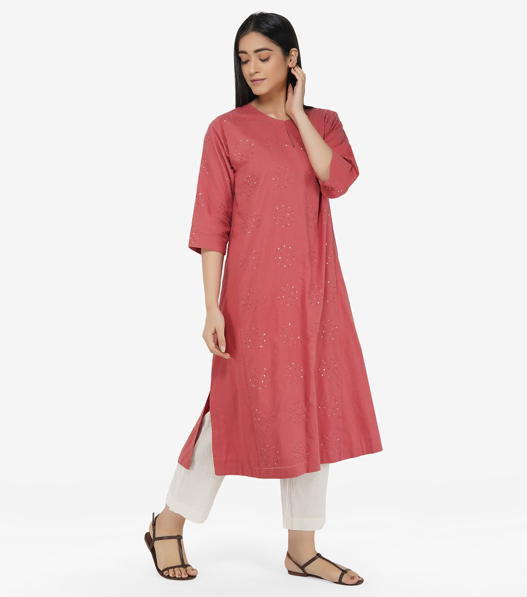 Brick cotton mirror work kurta