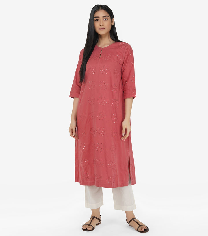 Brick cotton mirror work kurta