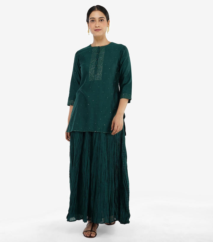 Emerald Green Chanderi Kurta with Skirt - Set of 2