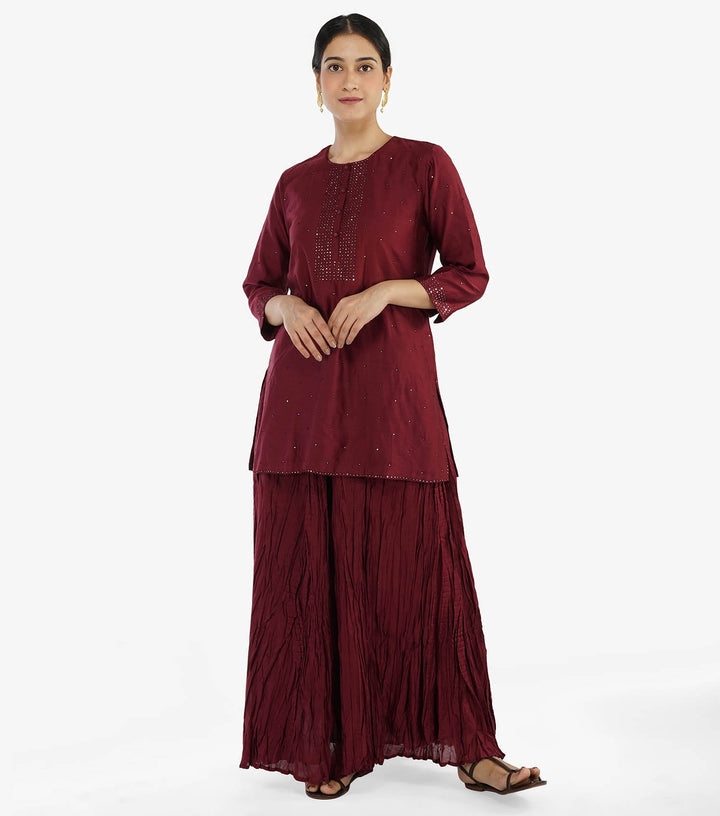 Maroon Chanderi Short Kurta with Skirt Set of 2