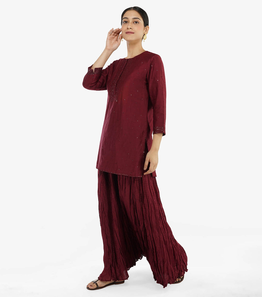 Maroon Chanderi Short Kurta with Skirt Set of 2