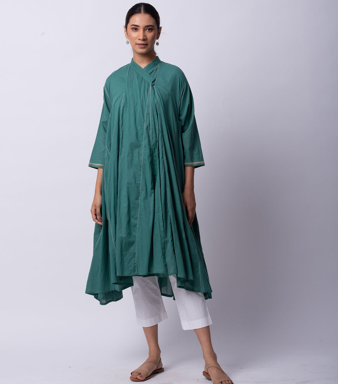 Green embroidered cotton choga