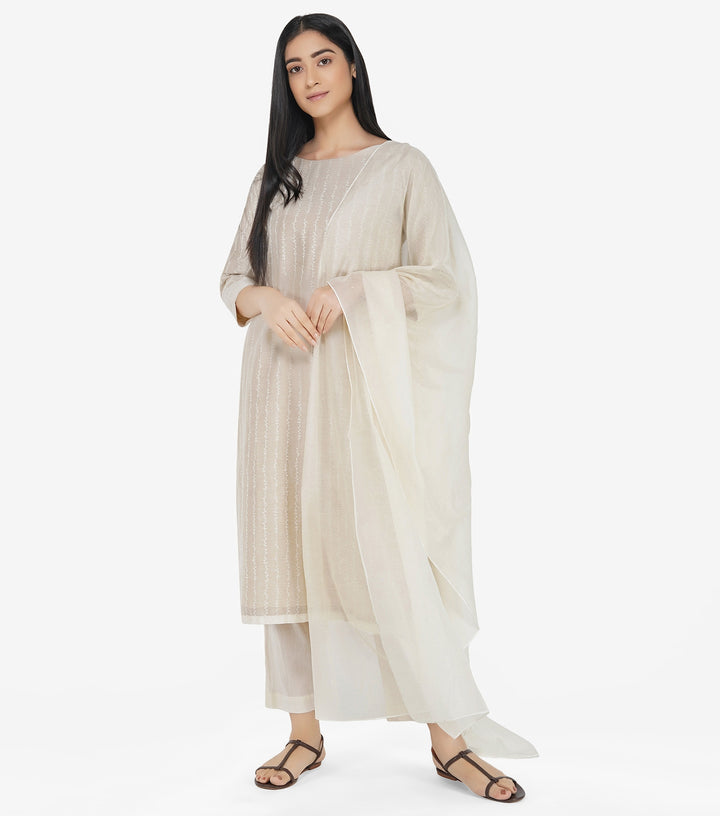 Ivory Embroidered Cotton Silk Kurta & Dupatta Set