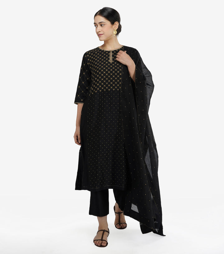 Black Embroidered Chanderi Suit Set