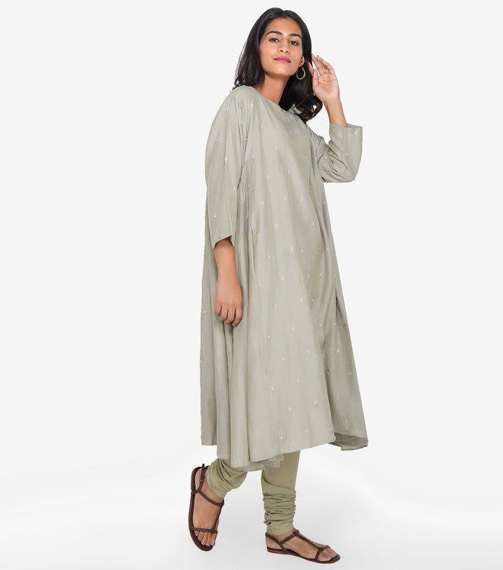 Grey Embroidered Flared Kurta Set