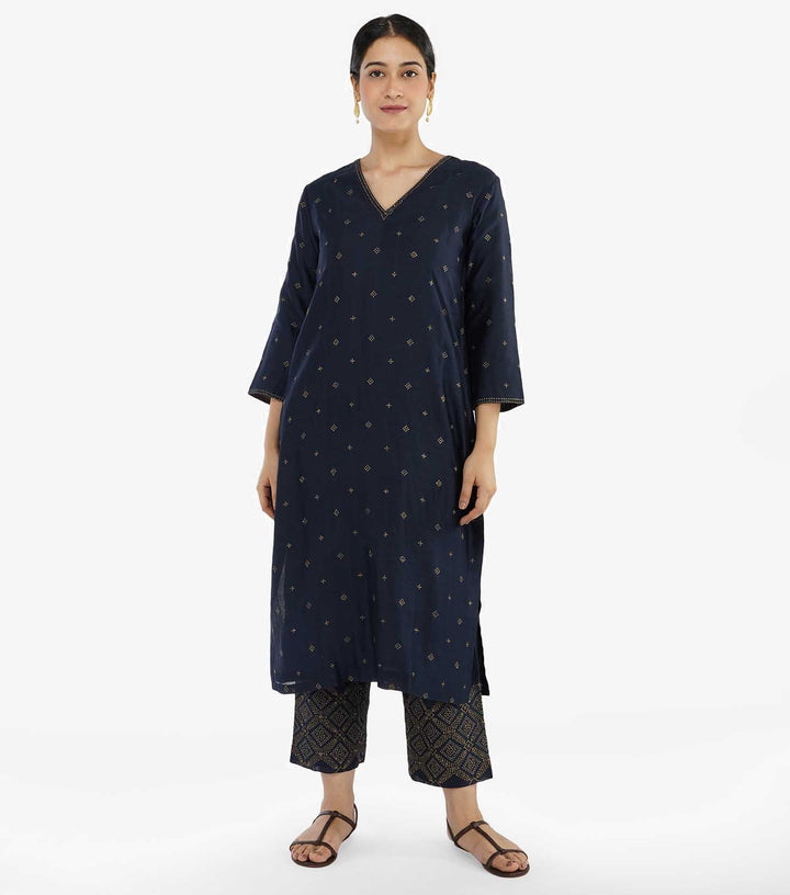 Midnight Blue Zari Embroidered Chanderi Kurta & Pants Set