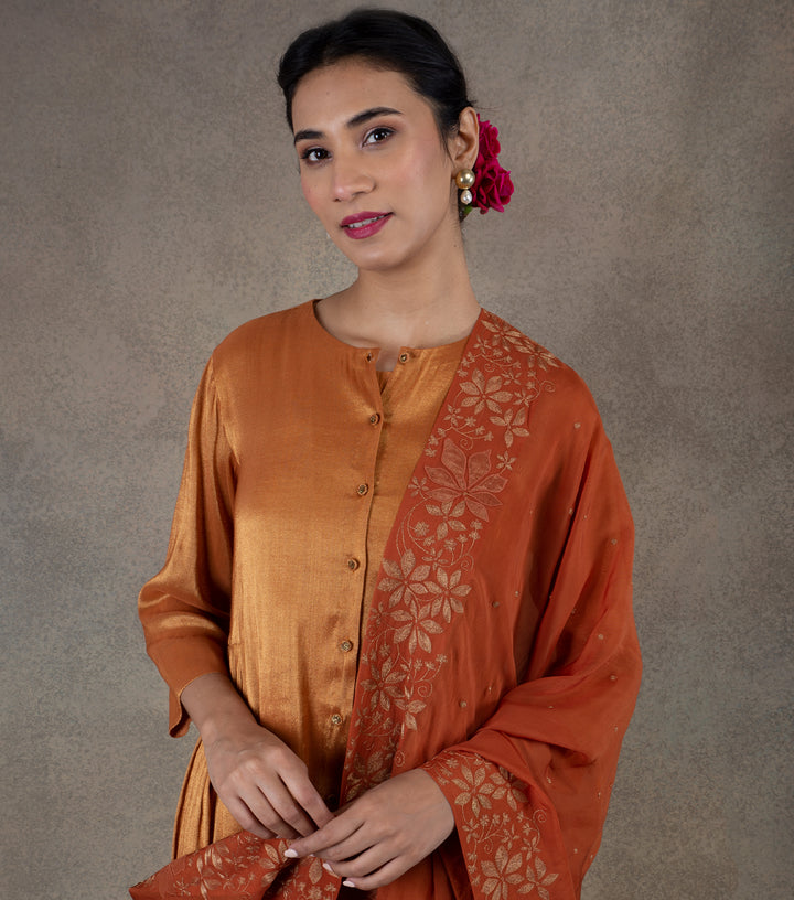 Orange zari embroidered Organza dupatta