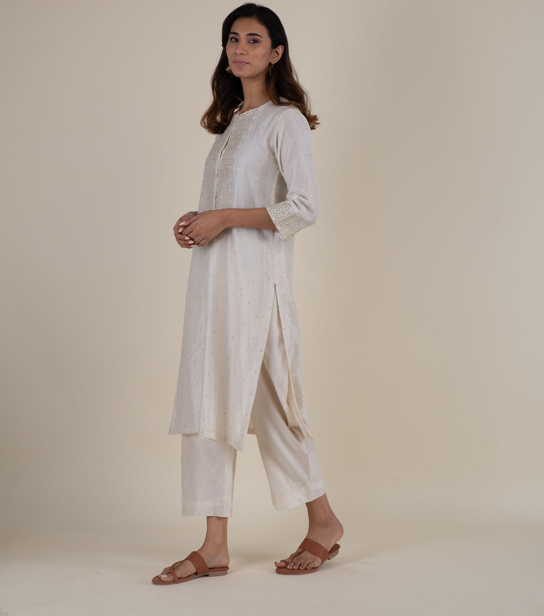 Natural Embroidered Chanderi Kurta