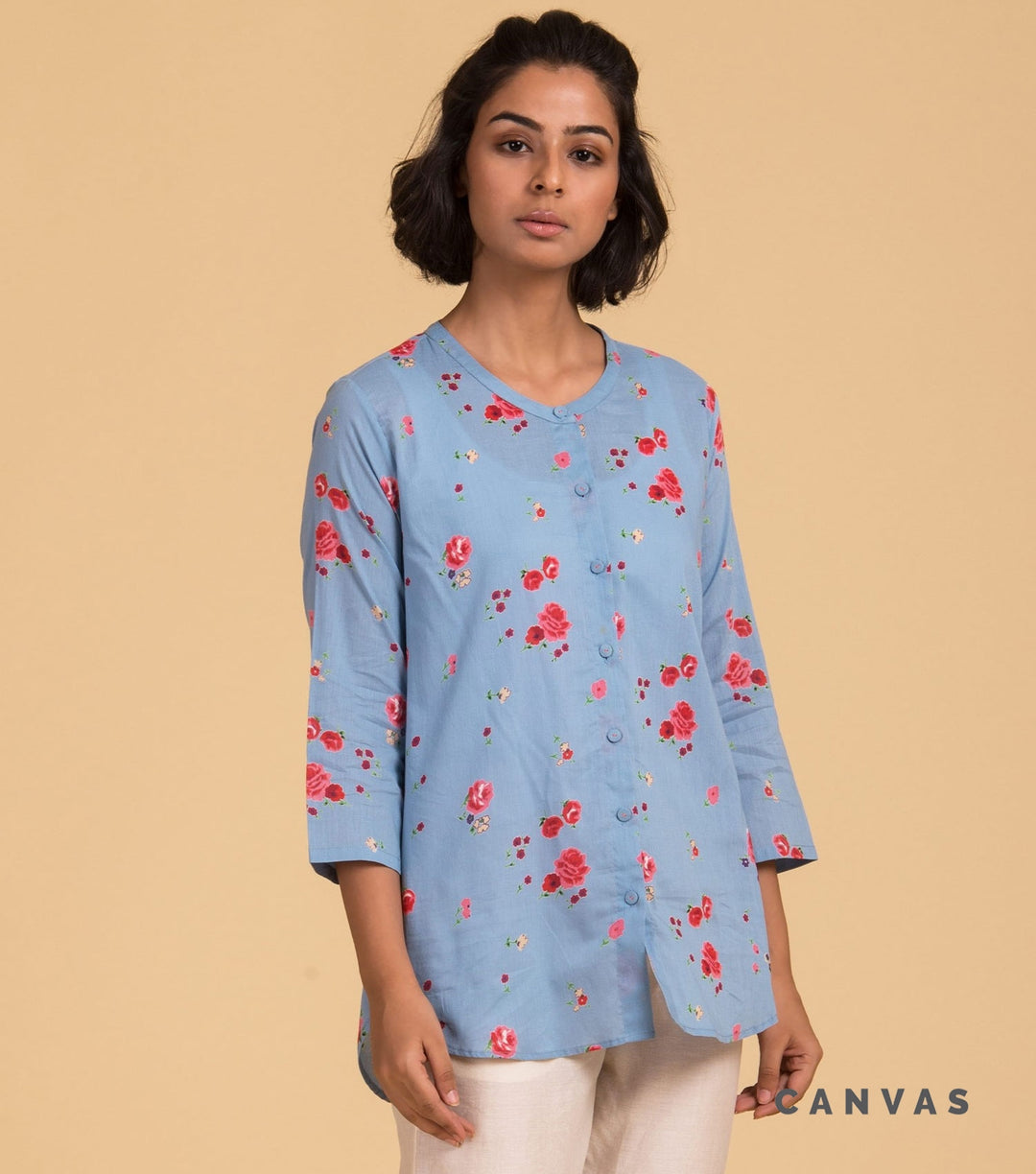 Floral printed blue cotton shirt