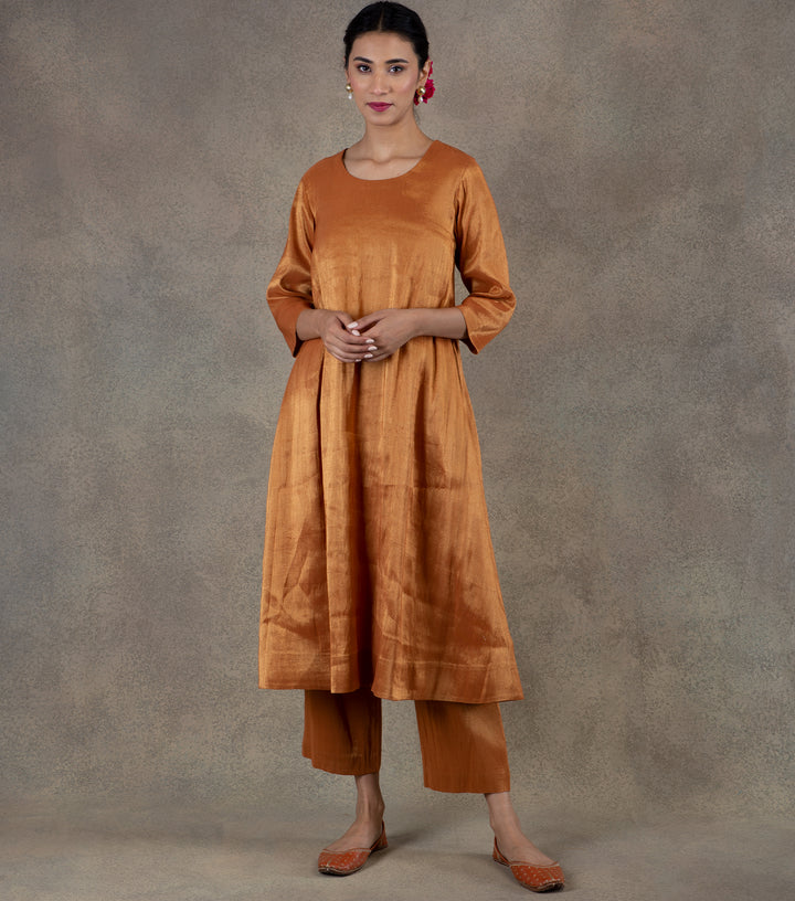 Orange Tissue Flared Kurta & Palazzo Pants Set