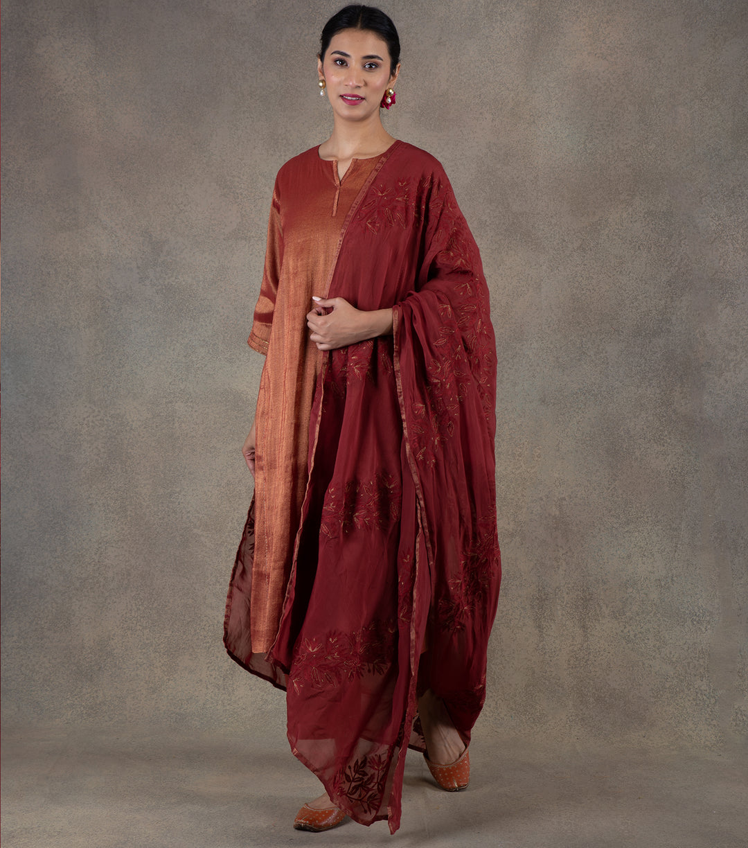 Maroon Embroidered Chanderi Dupatta