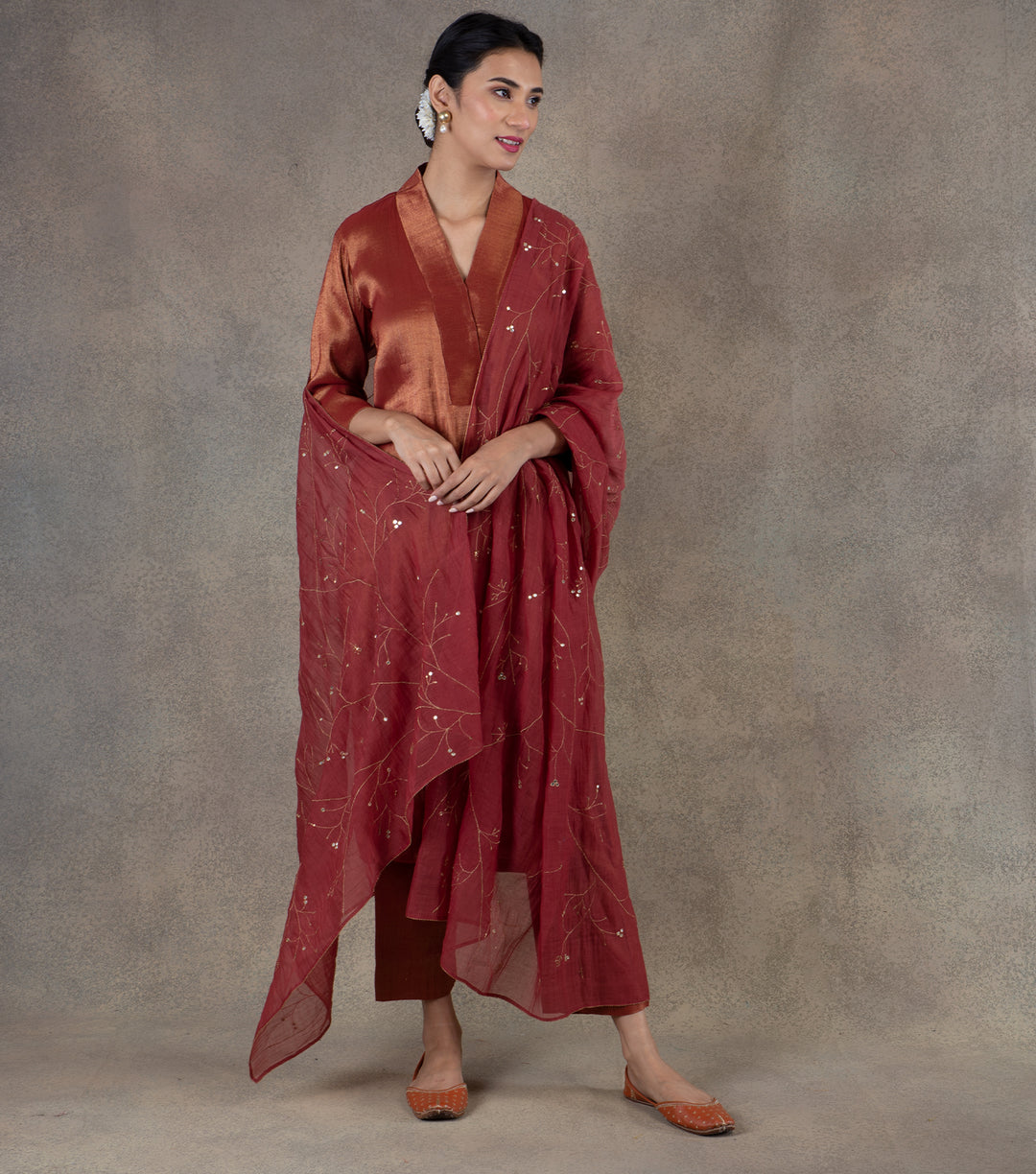 Maroon Tissue Kurta & Palazzo Pants Set