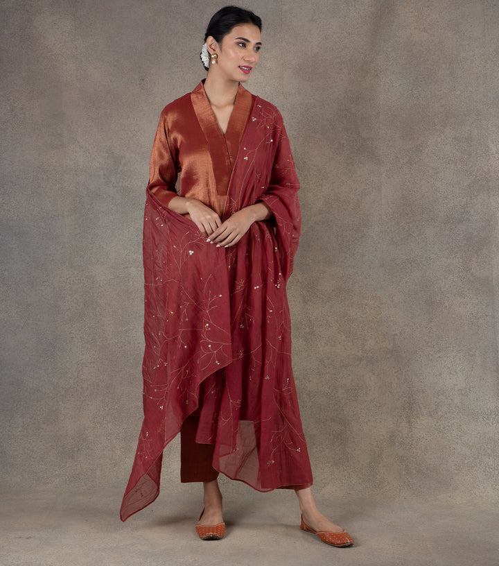 Maroon Tissue Kurta & Palazzo Pants Set