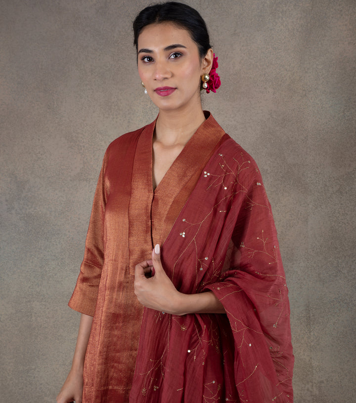 Maroon Embroidered Chanderi Dupatta