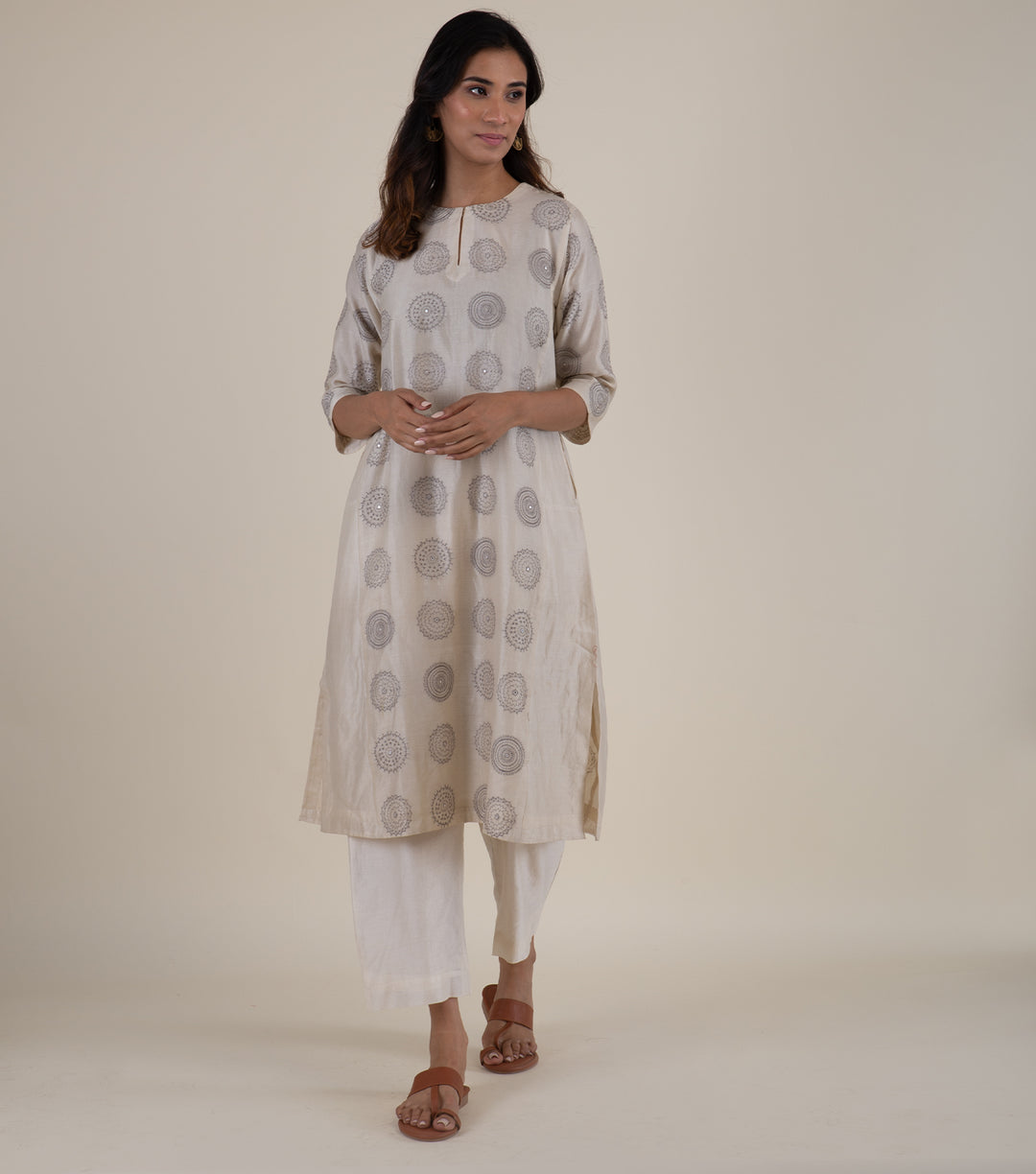 Natural Embroidered Chanderi Kurta