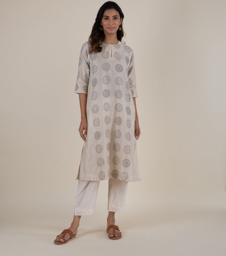 Natural Embroidered Chanderi Kurta