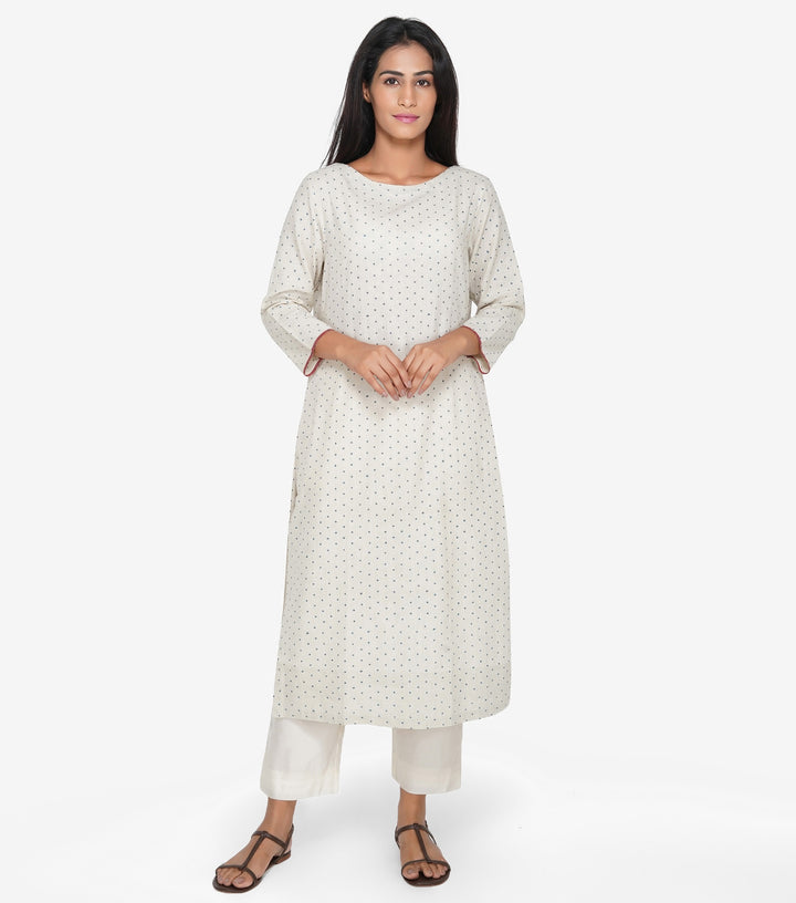 Beige printed khadi kurta