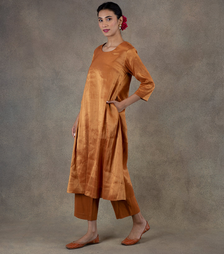 Orange Tissue Flared Kurta & Palazzo Pants Set