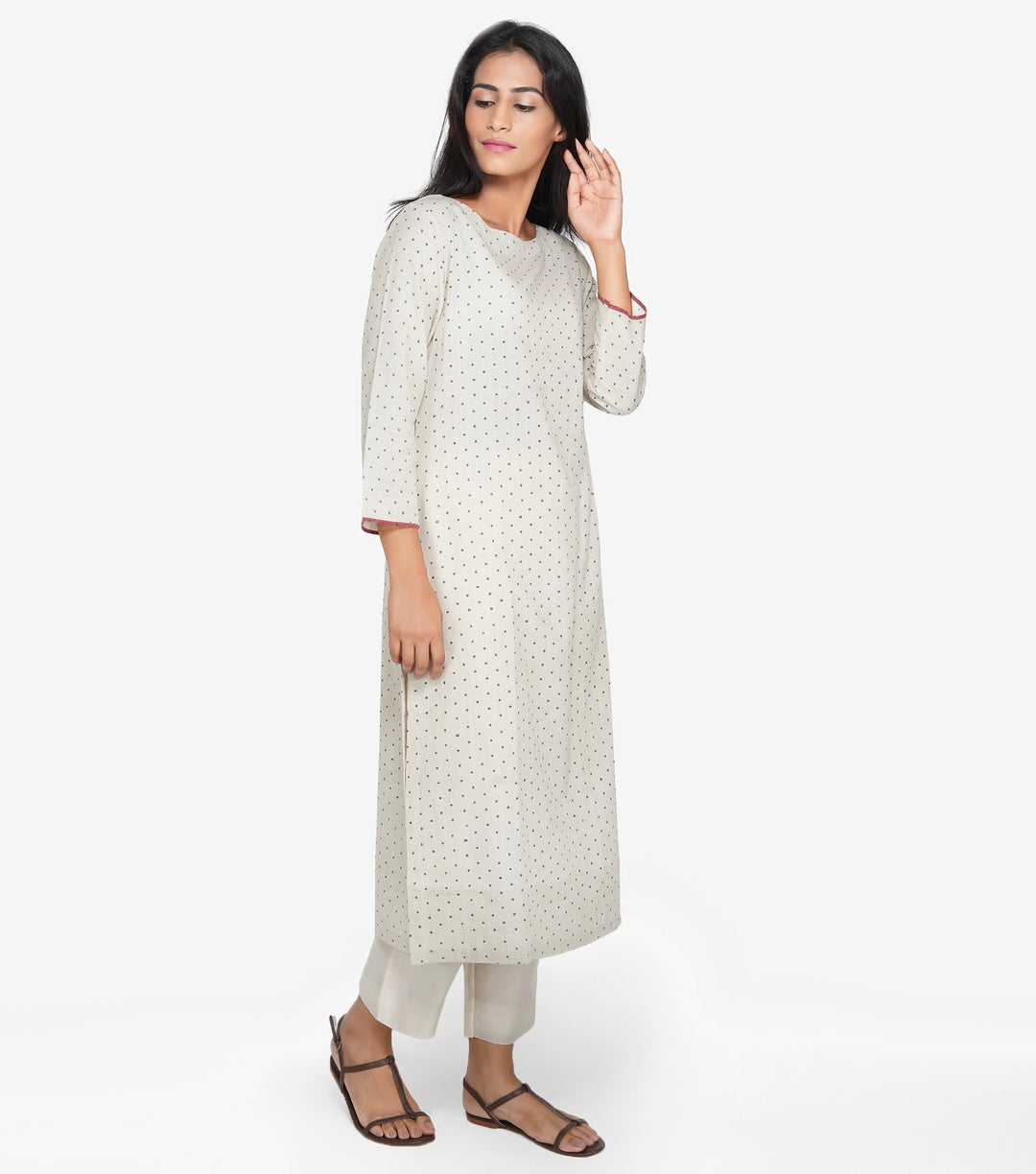 Beige printed khadi kurta