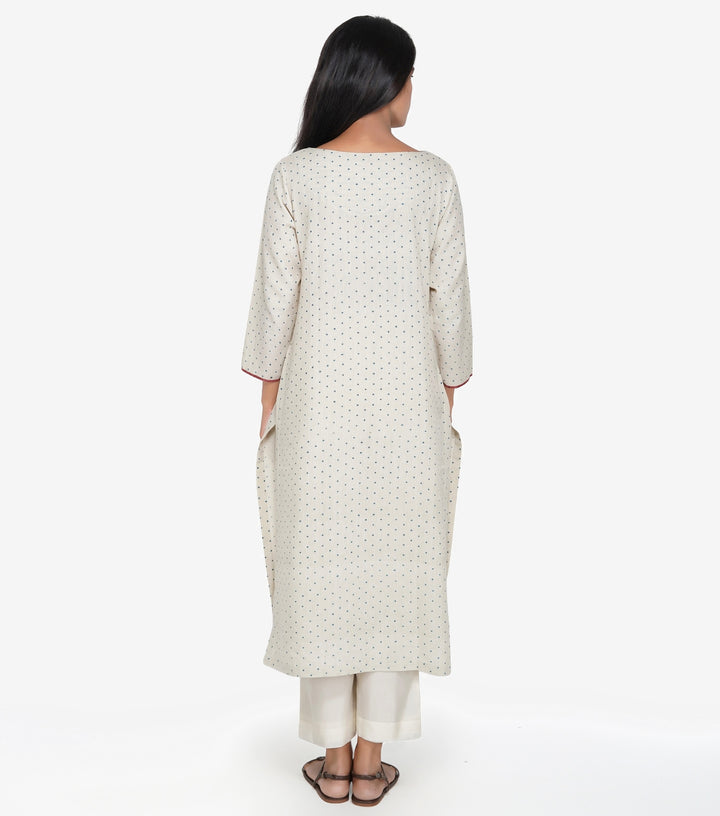 Beige printed khadi kurta