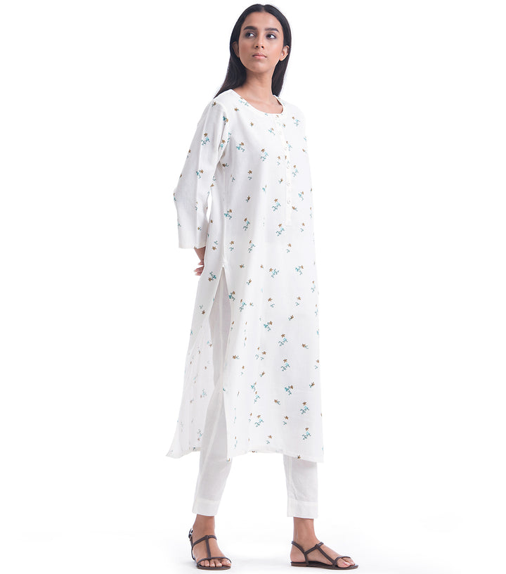 White Cotton Linen floral Printed Kurta