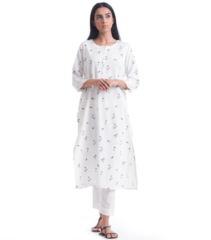 White Cotton Linen floral Printed Kurta