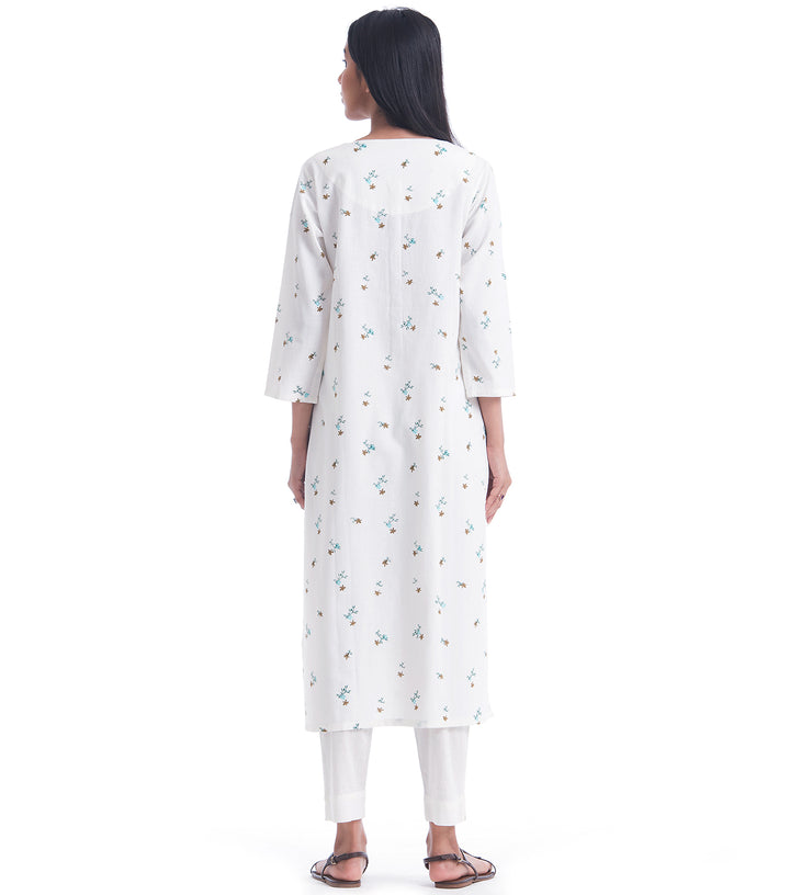 White Cotton Linen floral Printed Kurta