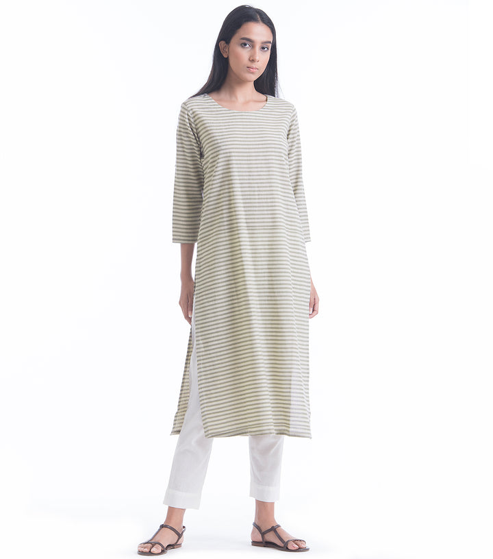 Beige printed khadi kurta