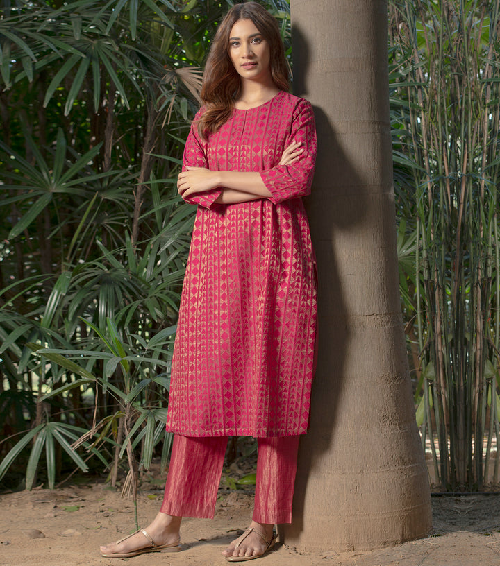 Rani Pink Chanderi Kurta & Tissue Pants Set