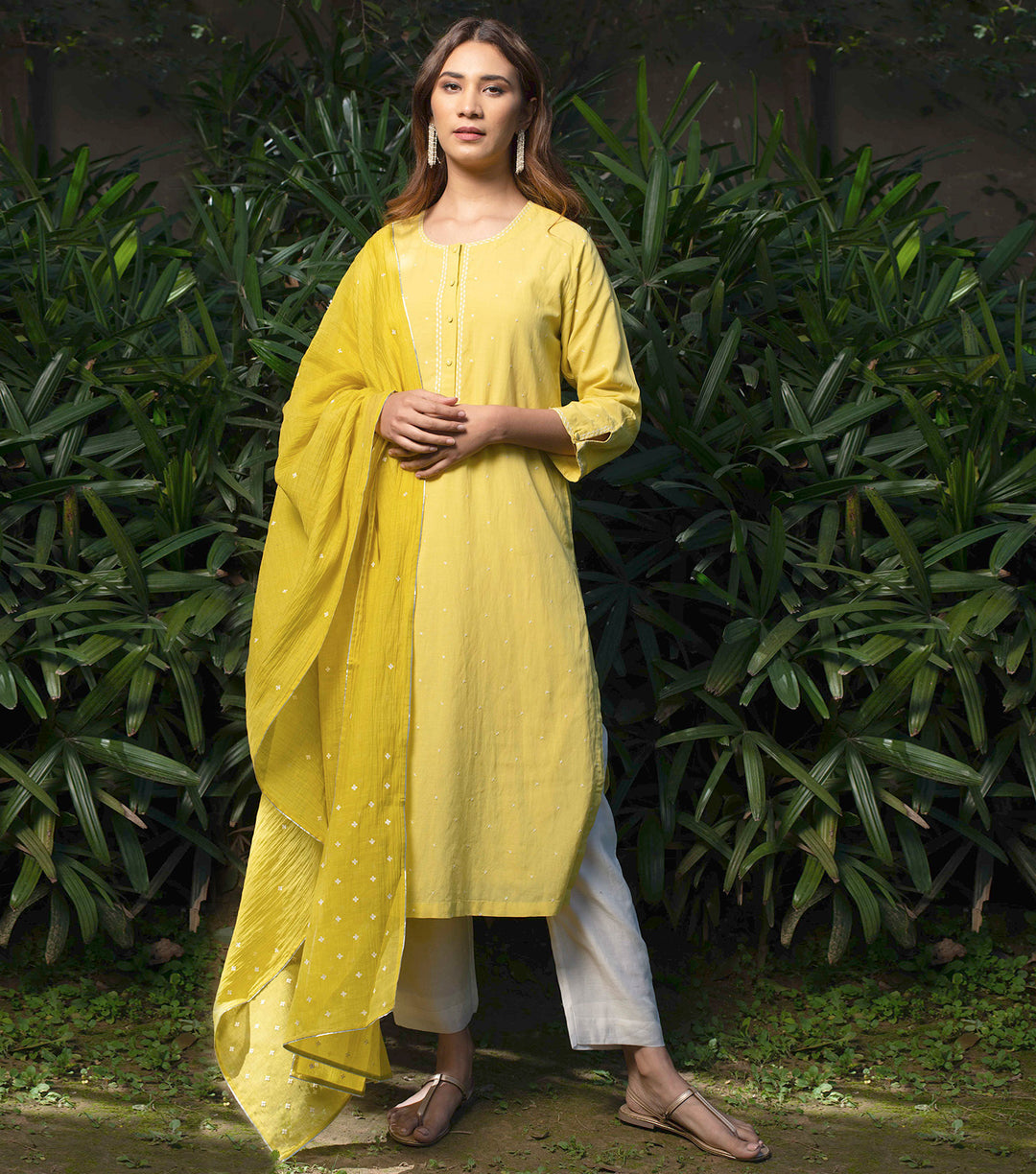 Yellow Cotton Silk Kurta & Dupatta Set