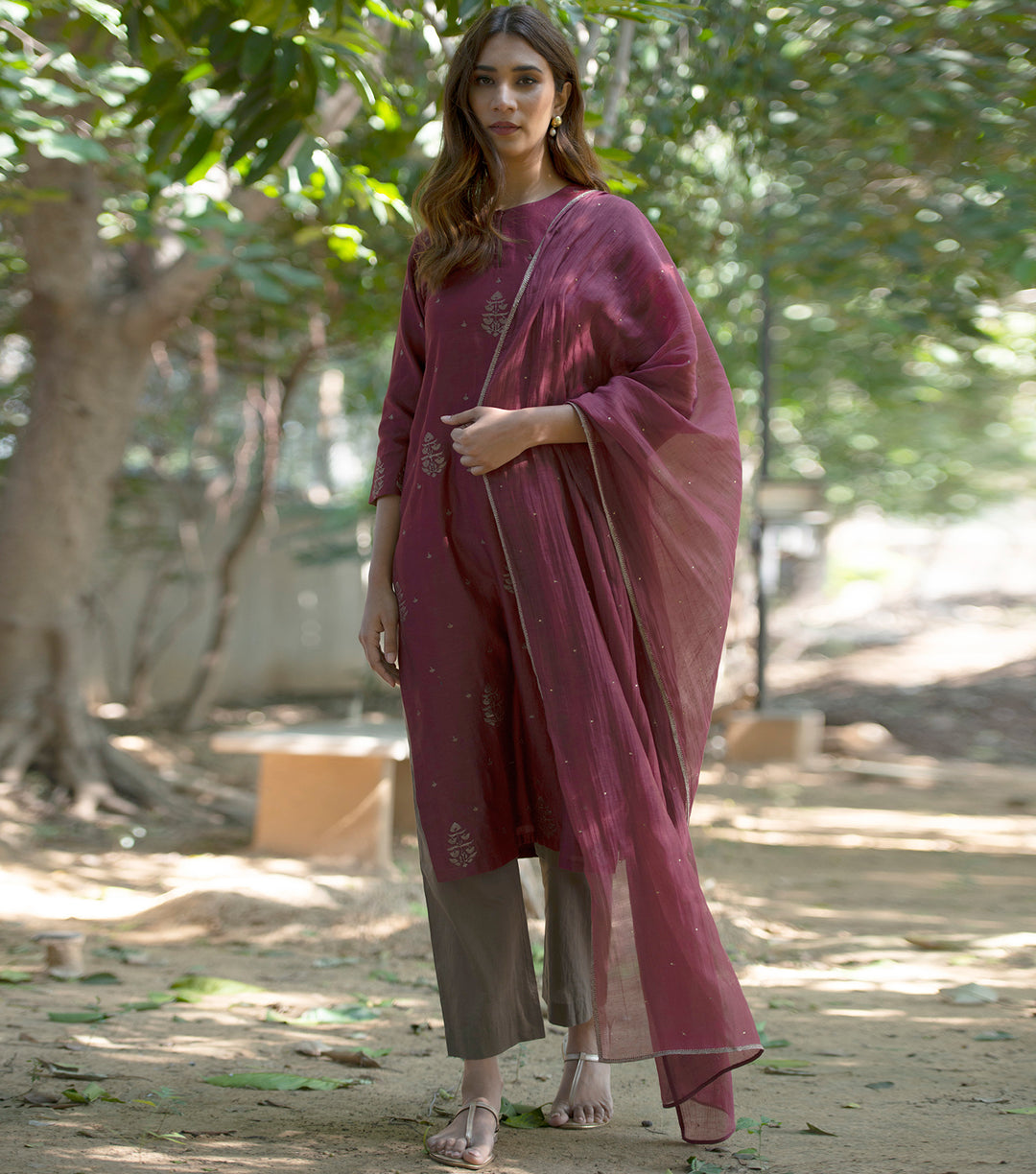 Maroon Embroidered Chanderi Suit Set