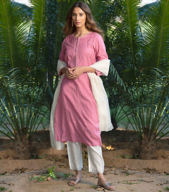 Pink Cotton Silk Kurta & Dupatta Set