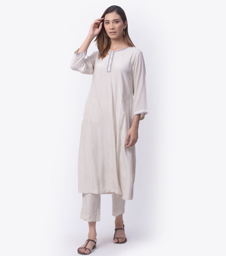 Ivory Modal Silk Kurta & Cotton Pants Set