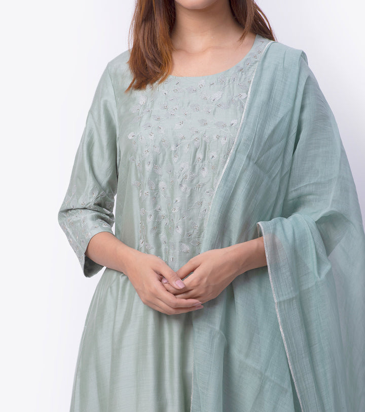 Pista Green Cotton silk Kurta & Chanderi Dupatta Set