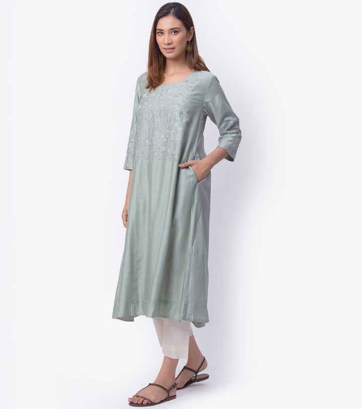 Pista Green Cotton silk Kurta & Chanderi Dupatta Set