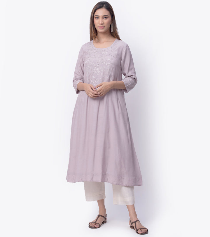 Lavender Embroidered Cotton silk Kurta & Chanderi Dupatta Set