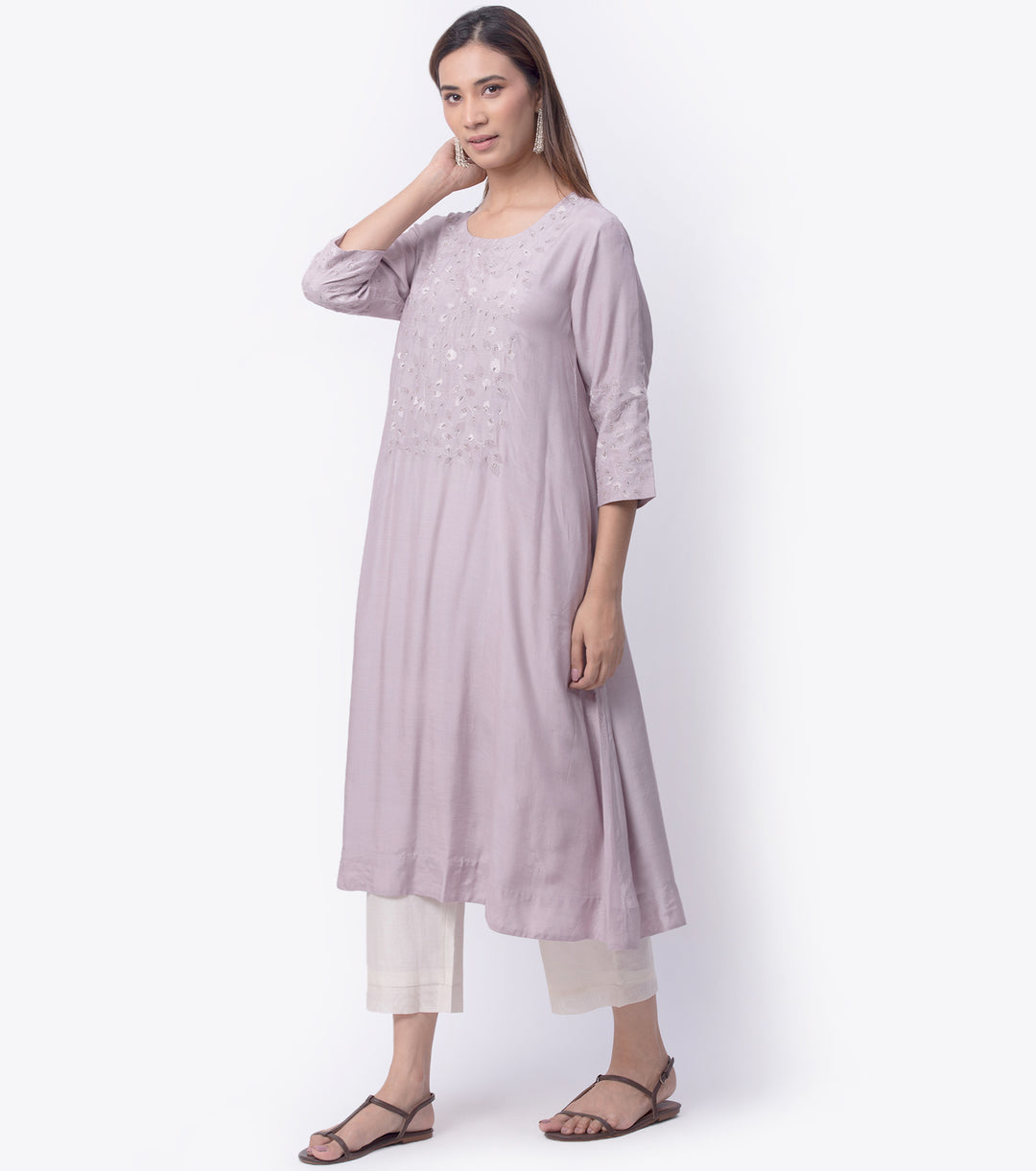 Lavender Embroidered Cotton silk Kurta & Chanderi Dupatta Set