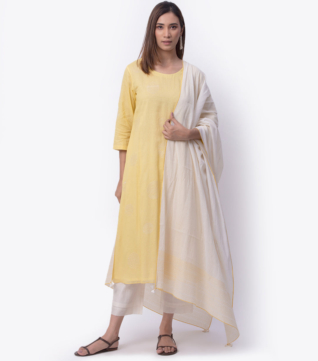 Yellow Embroidered Cotton Kurta & Ivory Dupatta Set