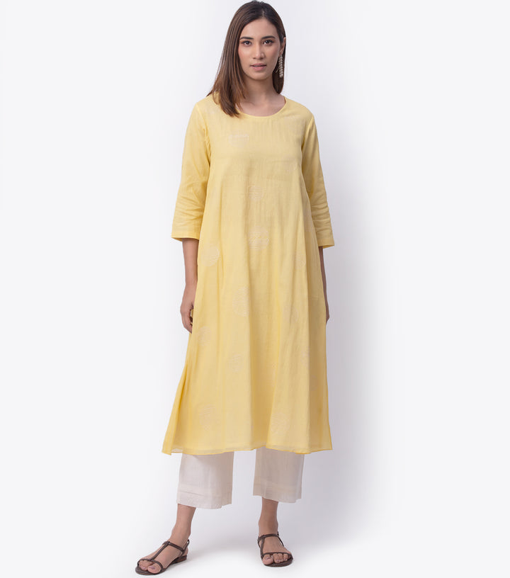 Yellow Embroidered Cotton Kurta & Ivory Dupatta Set