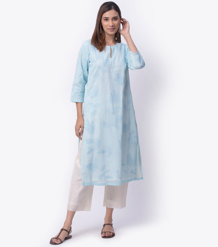 Sky Blue Embroidered Cotton Kurta & Dupatta Set