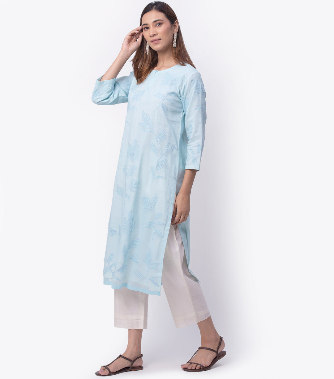 Sky Blue Embroidered Cotton Kurta & Dupatta Set