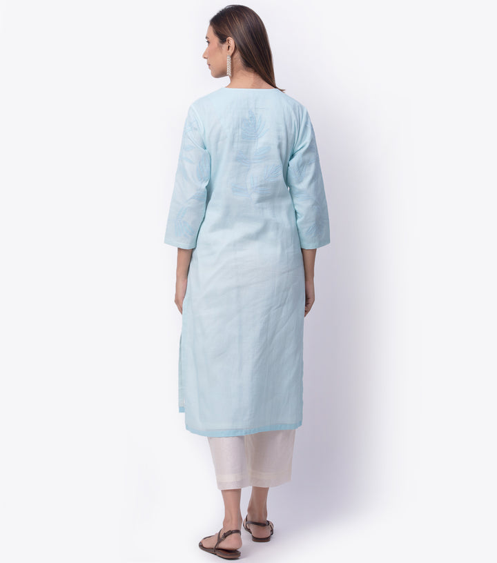 Sky Blue Embroidered Cotton Kurta & Dupatta Set