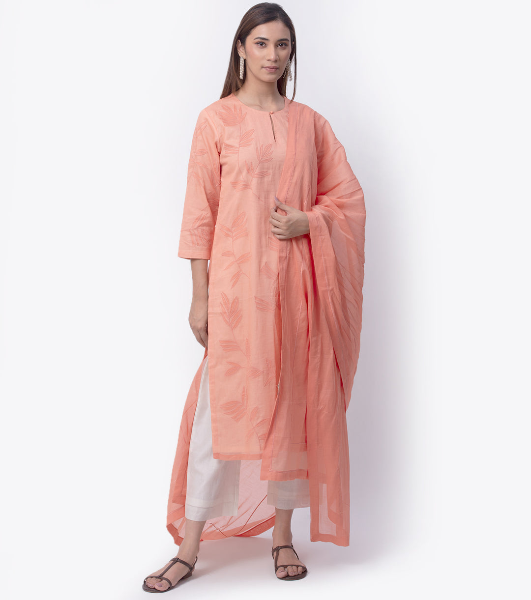 Salmon Floral Embroidered Cotton Kurta & Dupatta Set