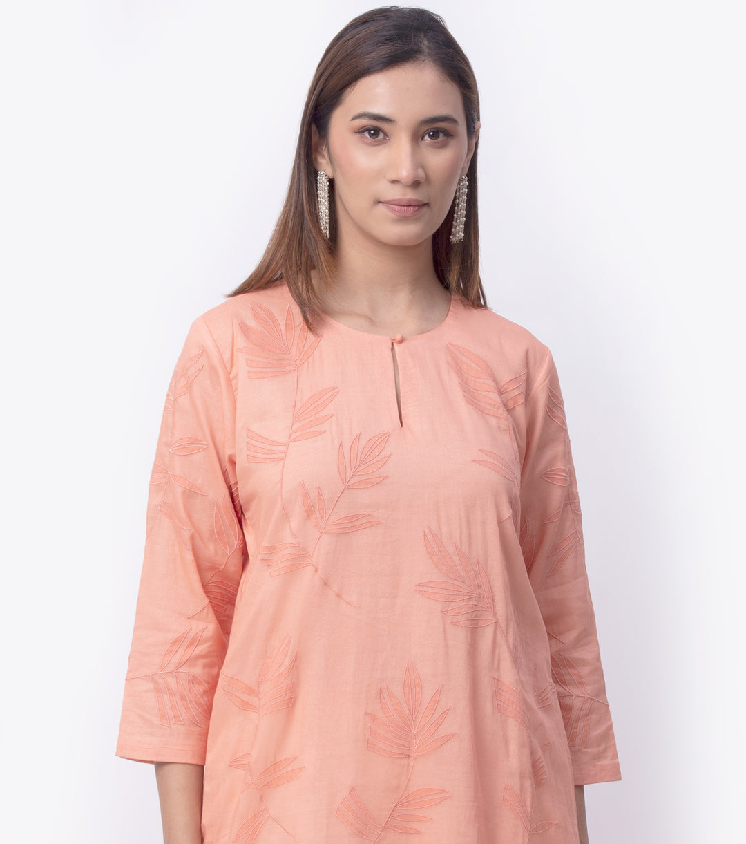 Salmon Floral Embroidered Cotton Kurta & Dupatta Set