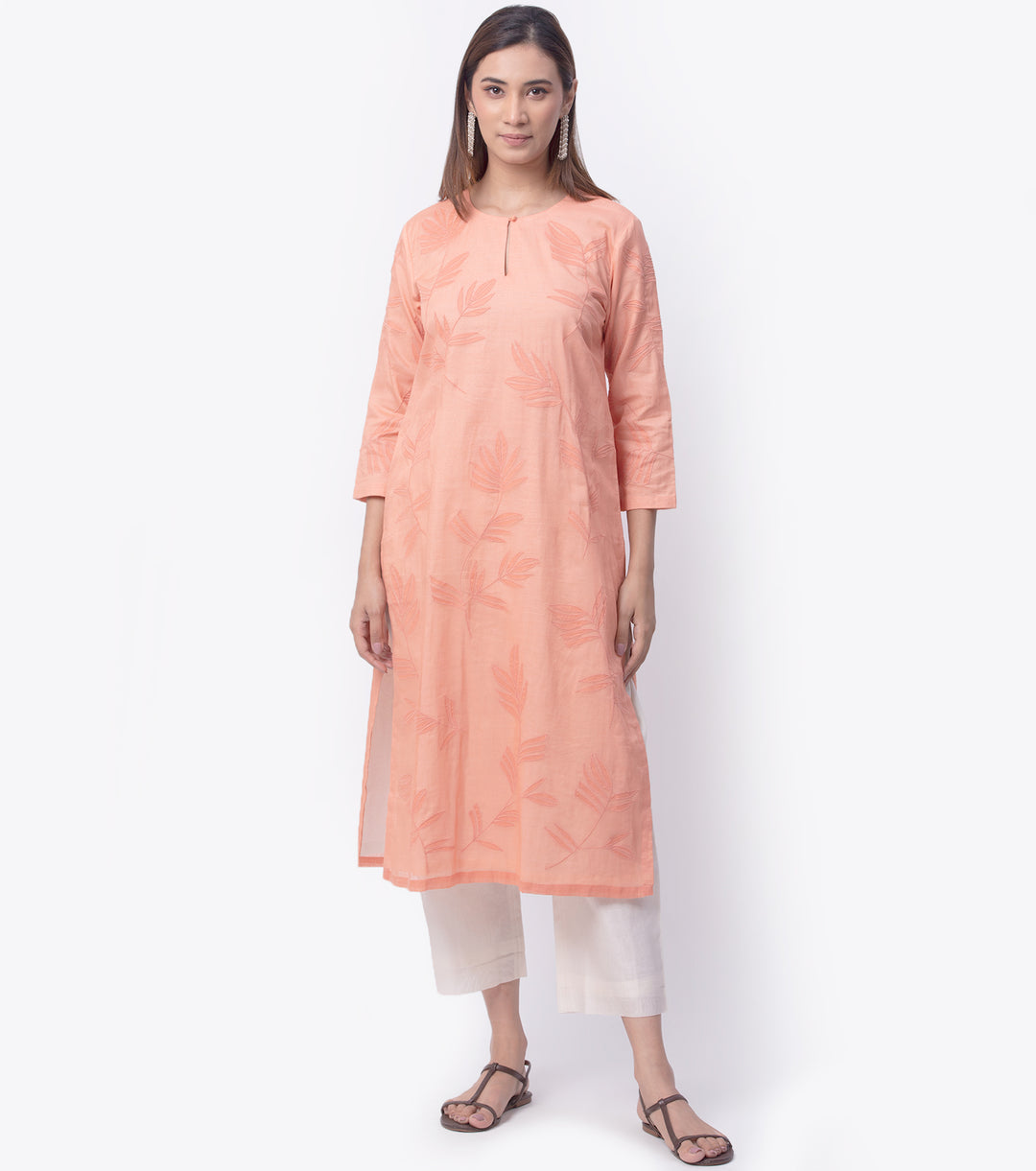 Salmon Floral Embroidered Cotton Kurta & Dupatta Set