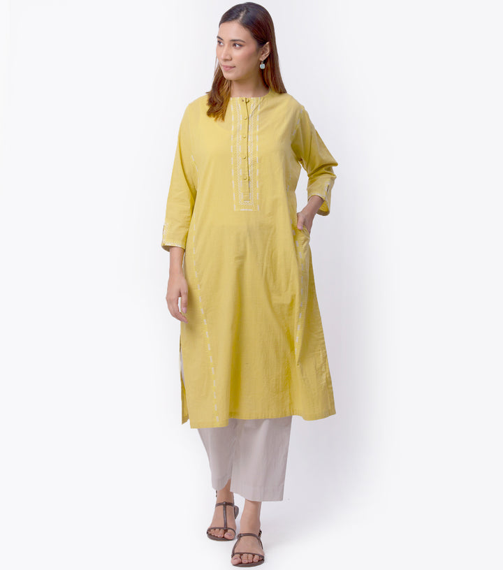 Yellow Cotton Kurta & White Palazzo Pants Set