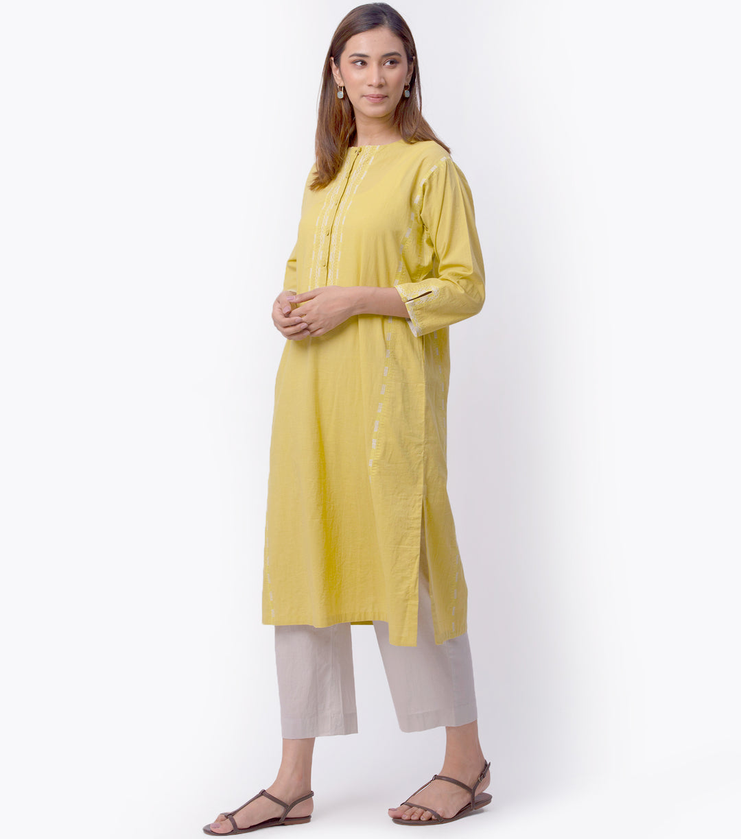 Yellow Cotton Kurta & White Palazzo Pants Set