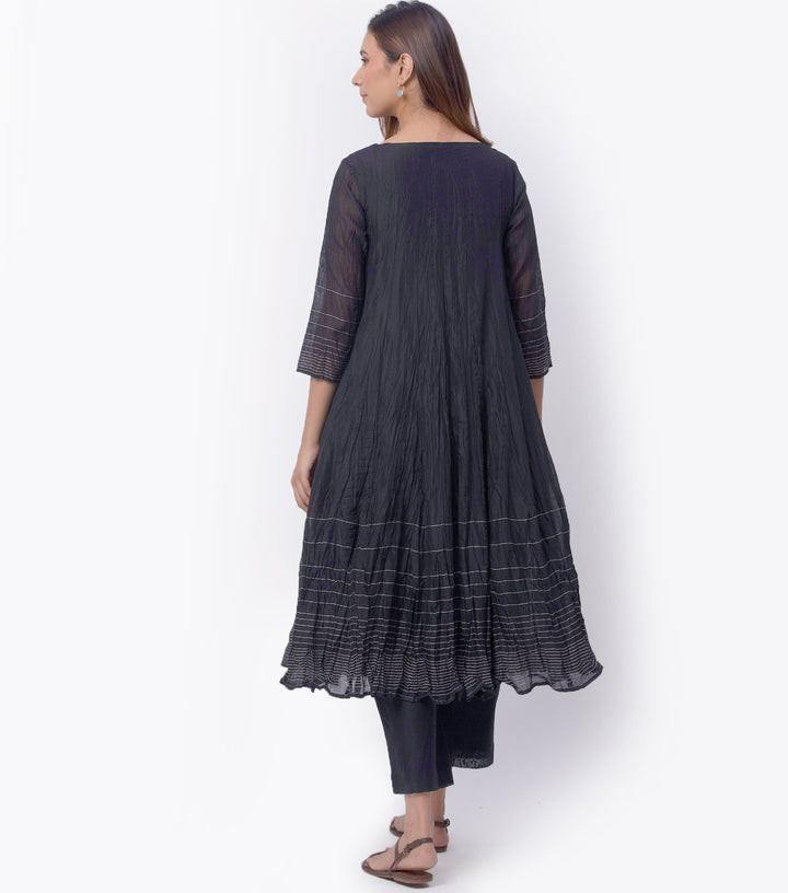 Black Chanderi A-Line Kurta Set