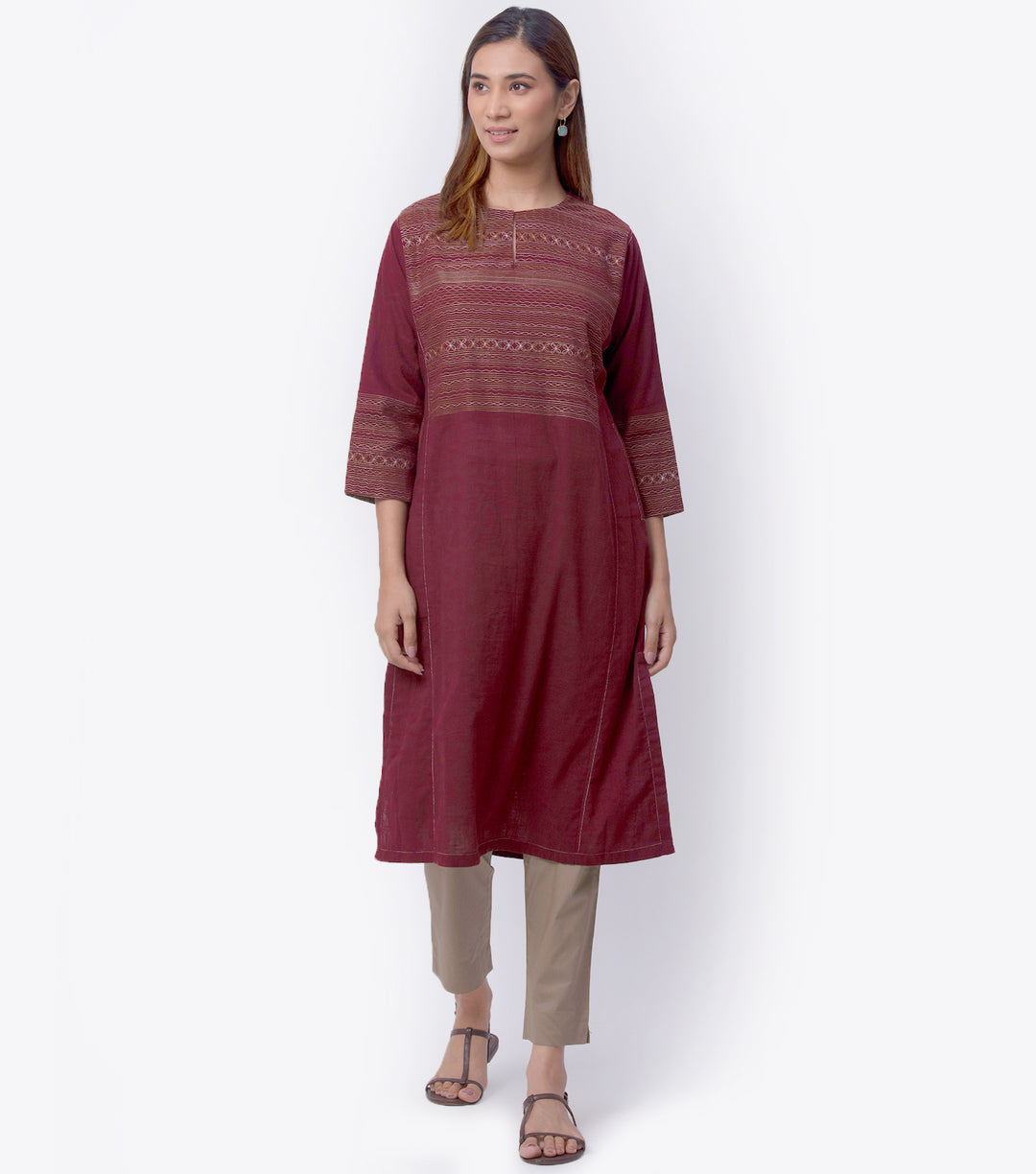 Maroon Cotton Linen Kurta