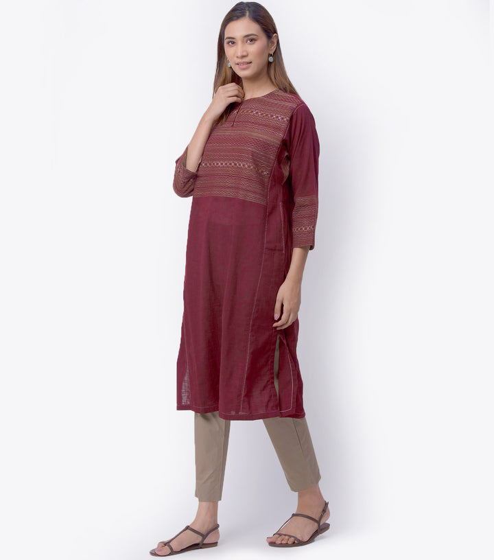 Maroon Cotton Linen Kurta